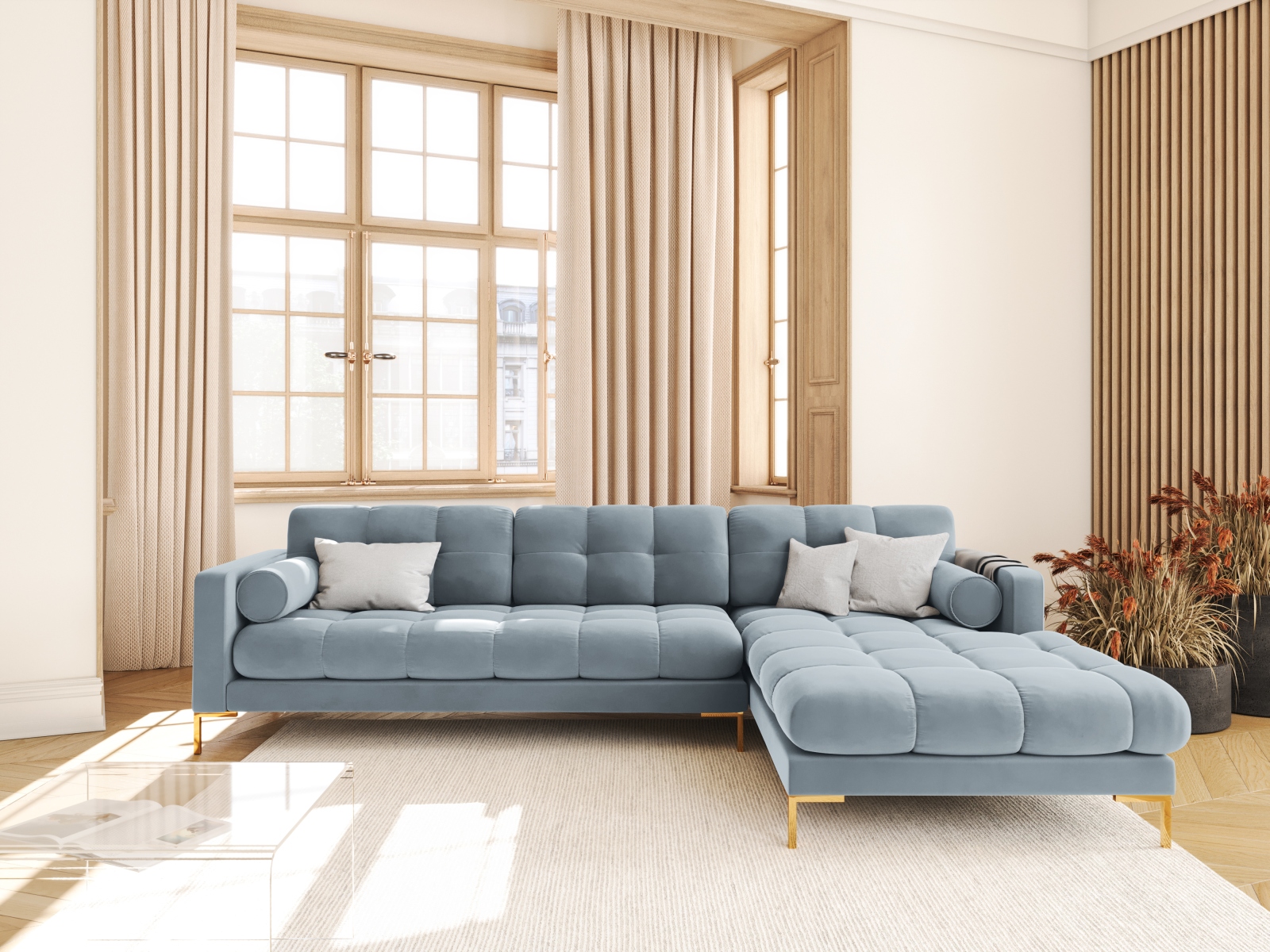 Cosmopolitan Design Ecksofa Bali 5-Sitzer Samt Bluvel Hellblau Rechts Beine Gold