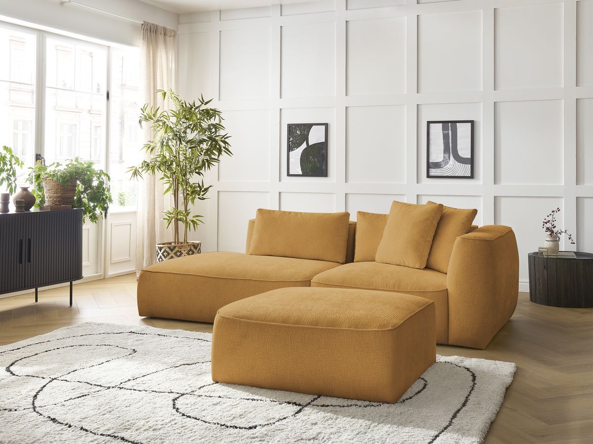 Bobochic Leopold Sofa 4-Sitzer mit Pouf Strukturstoff Gelb Armlehne rechts