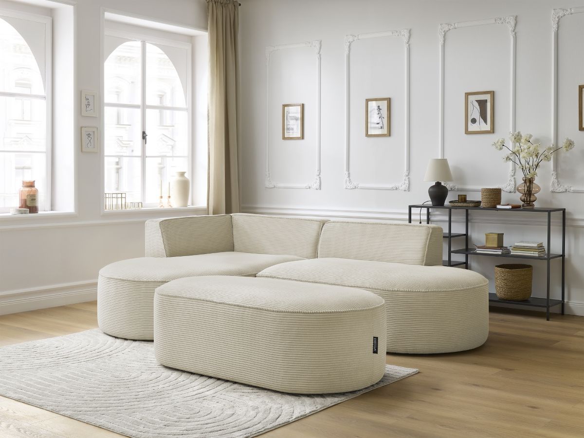 Bobochic Rousseau Ecksofa mit Pouf Cordsamt Beige Ecke links