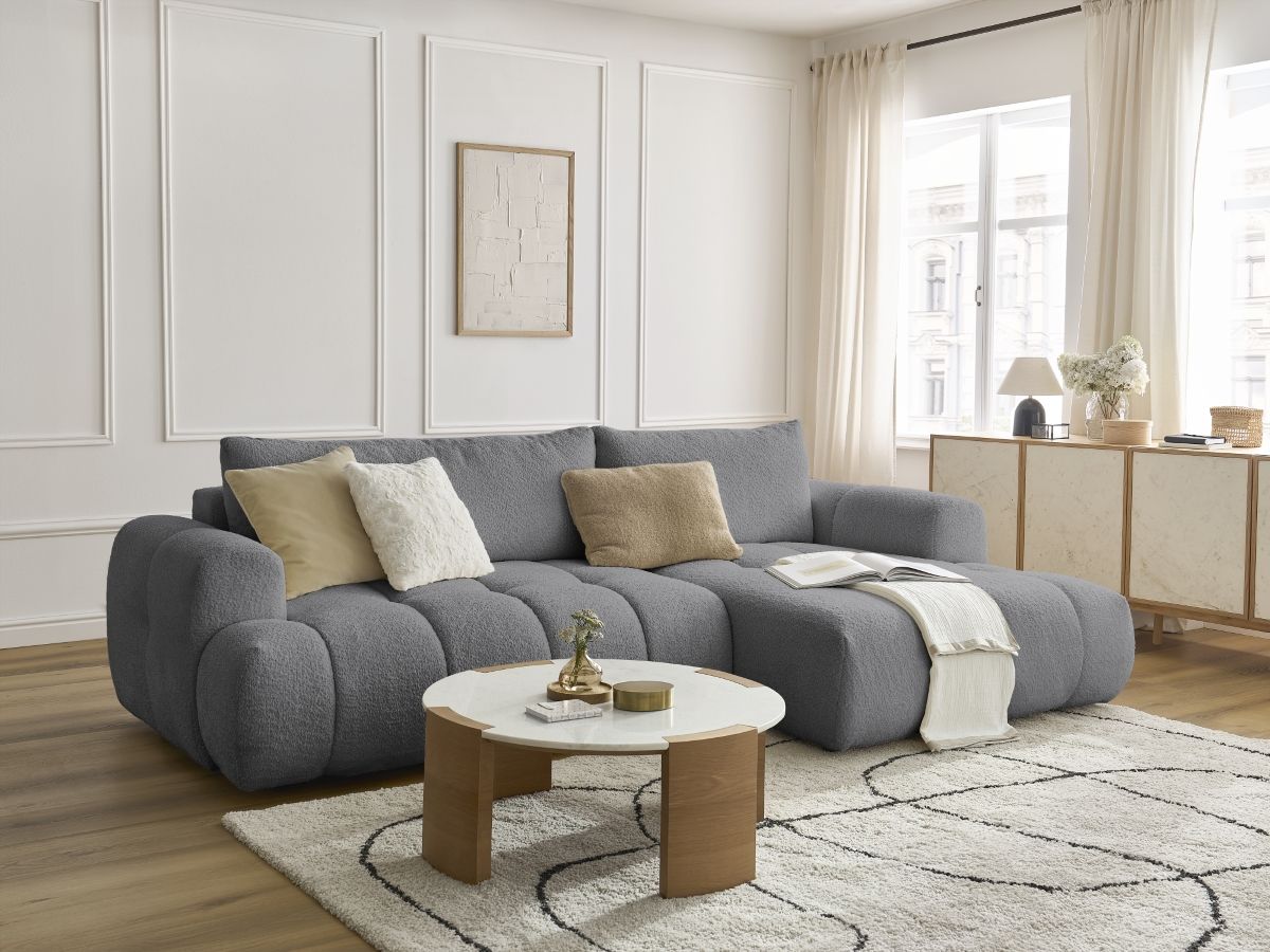 Bobochic Fuji Ecksofa mit Schlaffunktion und Bettkasten 292 × 160 cm Bouclé-Stoff Dunkelgrau Ecke rechts