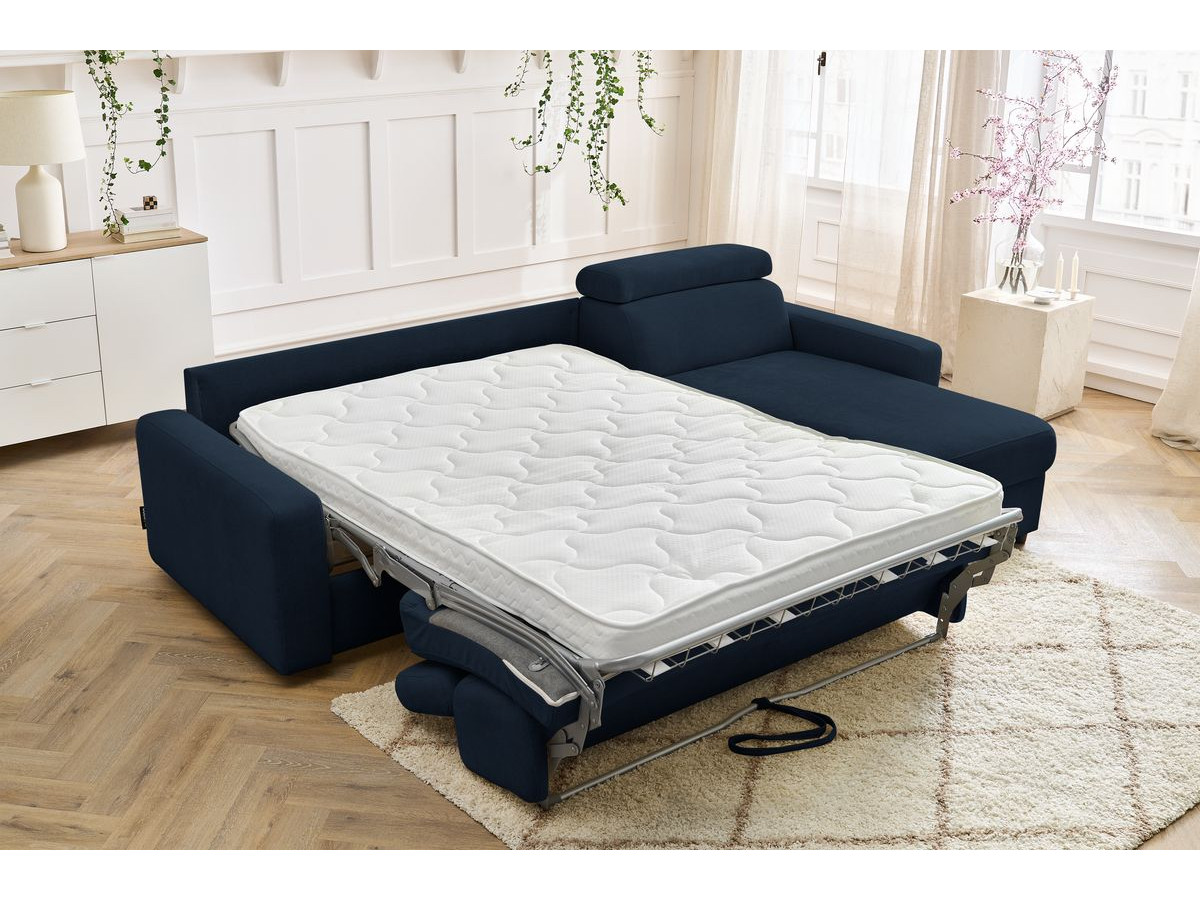 Bobochic Monaco Ecksofa mit Schlaffunktion und Bettkasten Stoff Dunkelblau, Liegefläche 160 × 190 cm