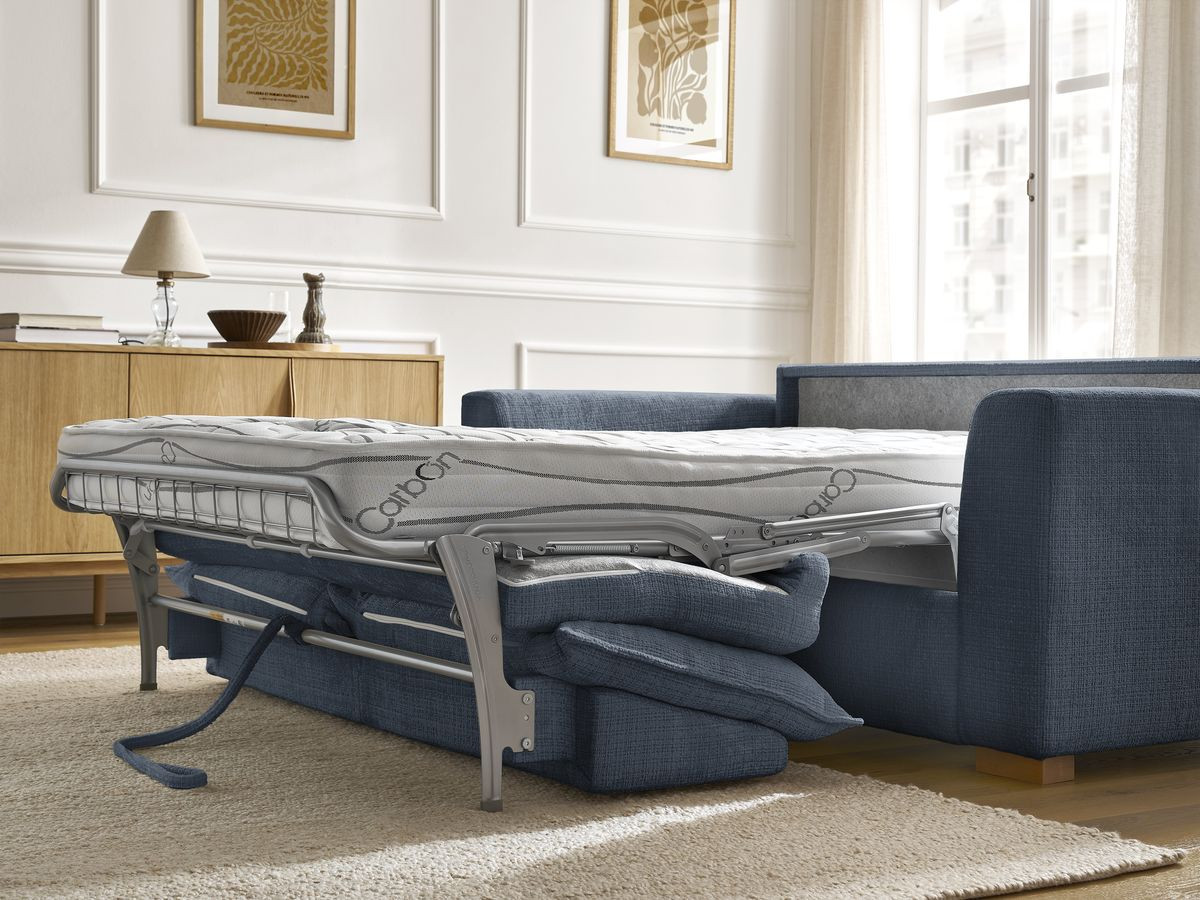 Bobochic Augustin Schlafsofa 3-Sitzer Strukturstoff Dunkelblau, Liegefläche 140 × 200 cm