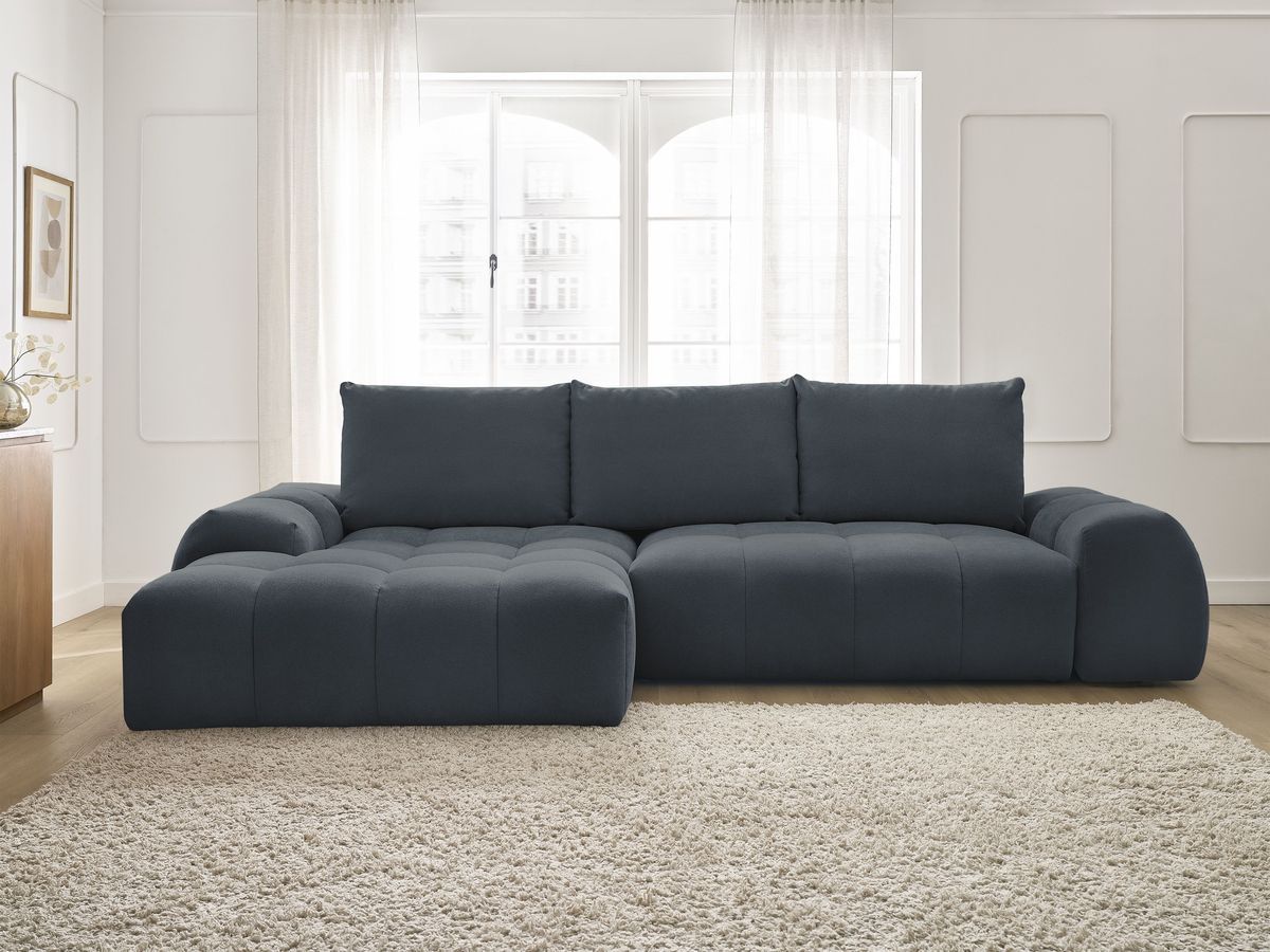 Bobochic Everest Ecksofa mit Schlaffunktion und Bettkasten 318 × 180 cm, 3 Kissen Strukturstoff Dunkelblau Ecke links