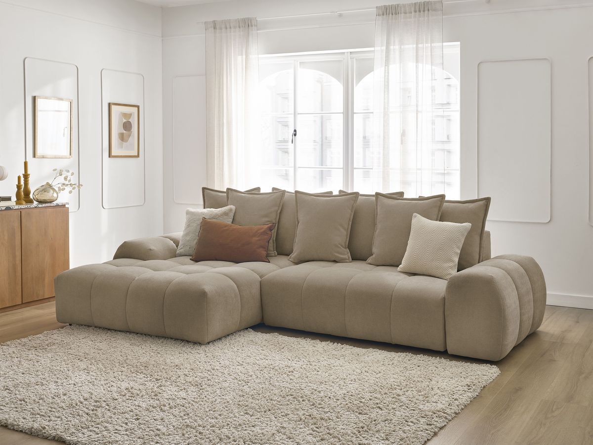Bobochic Everest Ecksofa mit Schlaffunktion und Bettkasten 318 × 180 cm, 7 Kissen Strukturstoff Taupe Ecke links