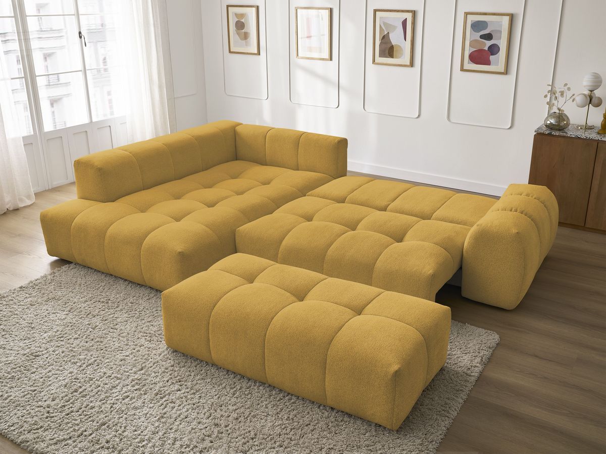 Bobochic Everest Ecksofa mit Schlaffunktion und Bettkasten und Pouf 320 × 212 cm, 5 Kissen Melange-Stoff Gelb Ecke links