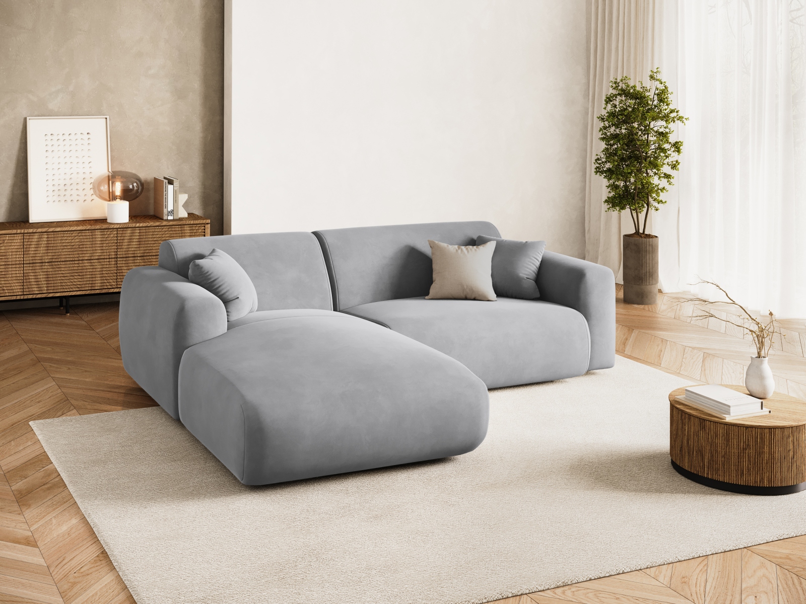 Cosmopolitan Design Ecksofa Nolio 4-Sitzer kleine Version Samt Casino Hellgrau Links