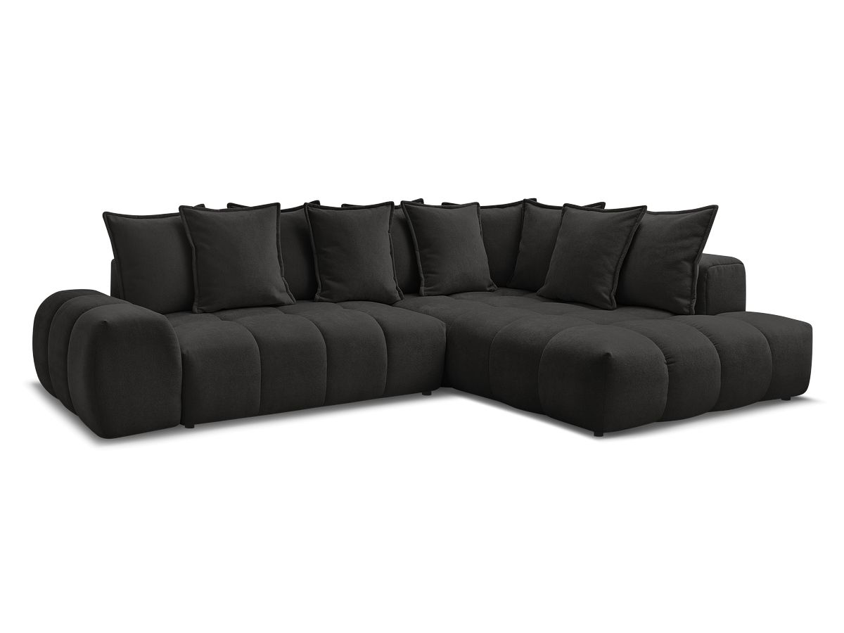 Bobochic Everest Ecksofa mit Schlaffunktion und Bettkasten 320 × 212 cm, 10 Kissen Strukturstoff Schwarz Ecke rechts