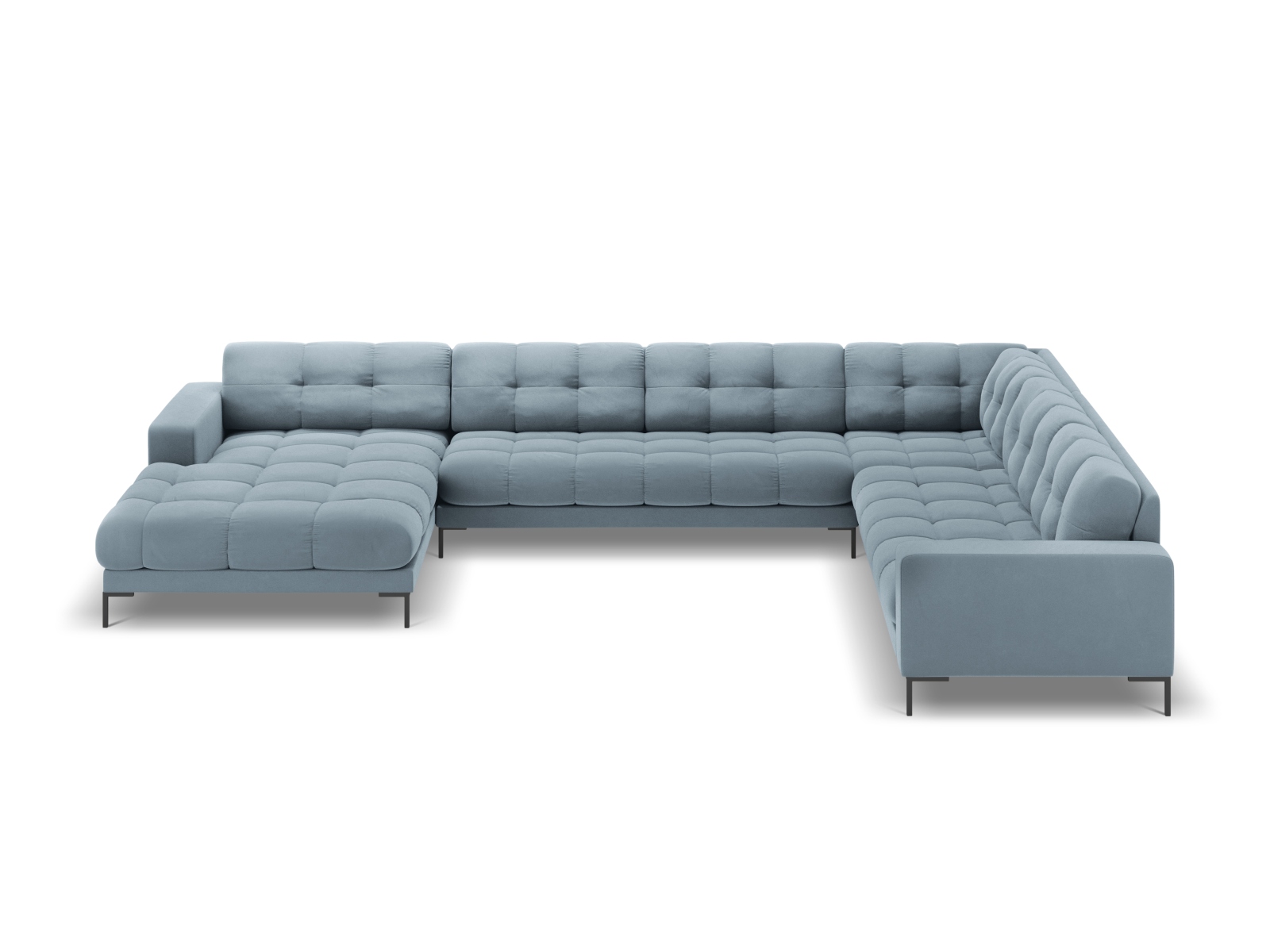 Cosmopolitan Design Panoramasofa Bali 7-Sitzer 327 cm Samt Bluvel Hellblau Rechts Beine Schwarzes Metall