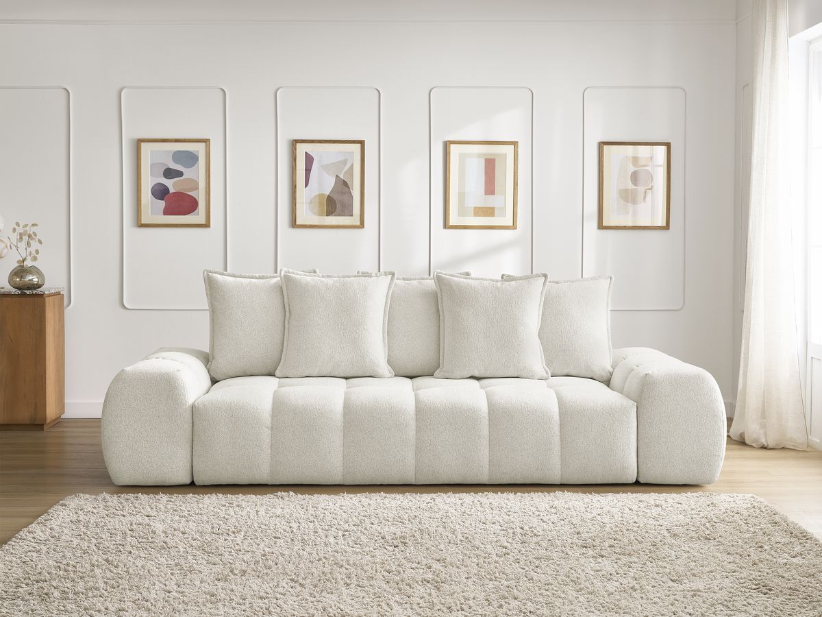 Bobochic Everest Schlafsofa 3-Sitzer mit Bettkasten, 5 Kissen Melange-Stoff Weiß