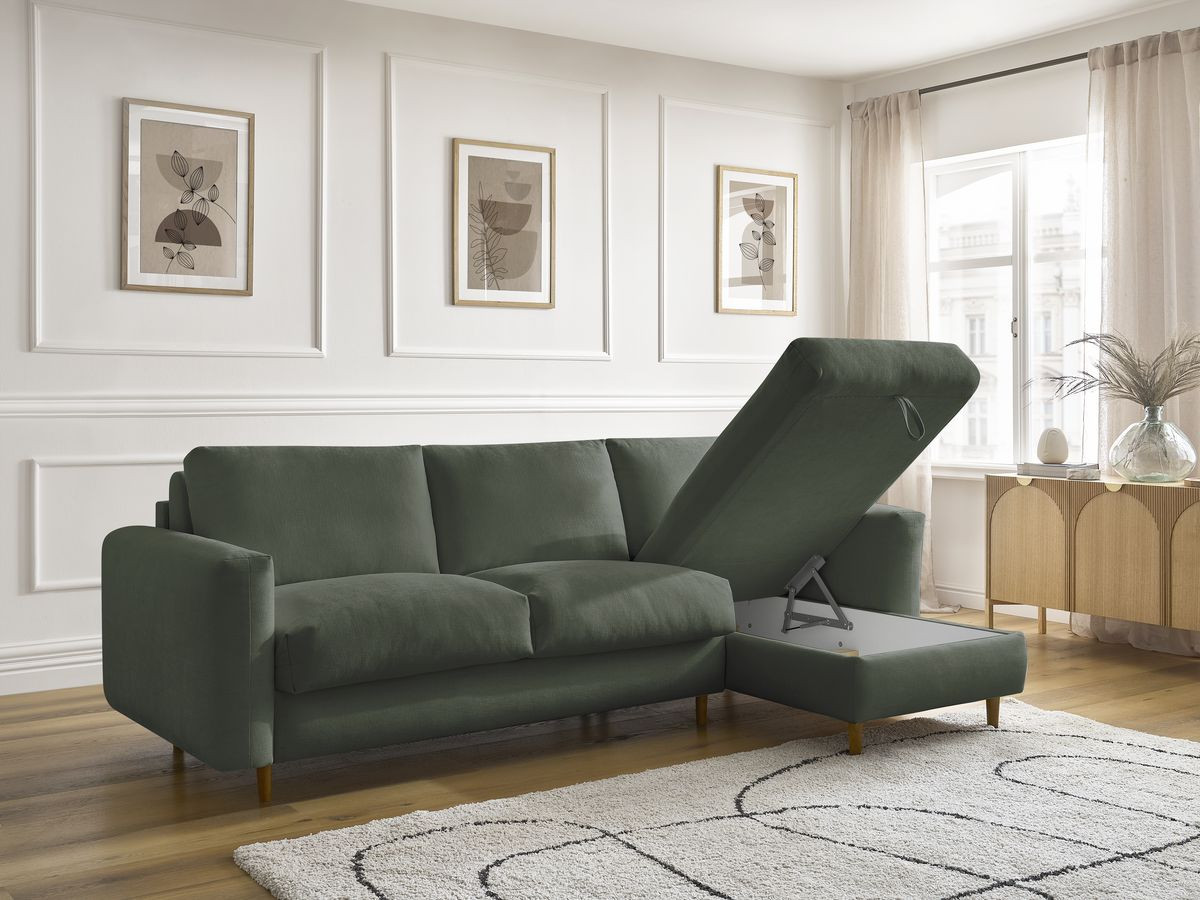 Bobochic Cocoone Ecksofa mit Schlaffunktion und Bettkasten Stoff Grün, Liegefläche 160 × 200 cm