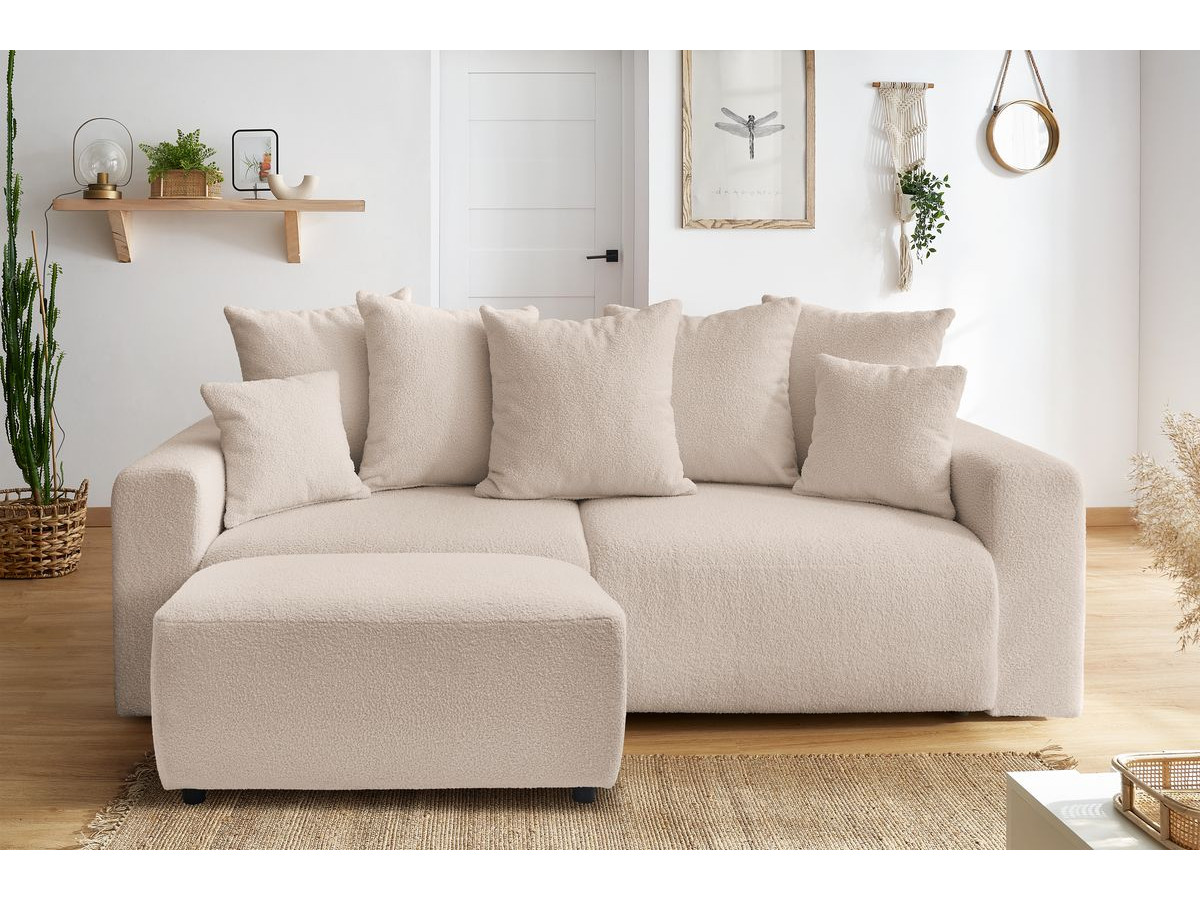 Bobochic Envy Schlafsofa 3-Sitzer mit Bettkasten und rechteckigem Pouf Bouclé-Stoff Beige