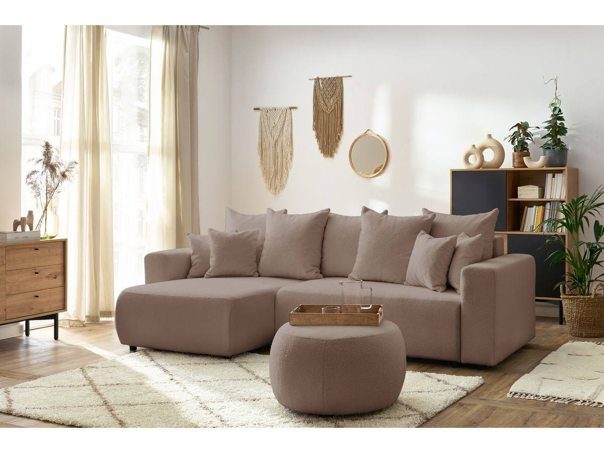 Bobochic Envy Ecksofa mit Schlaffunktion und Bettkasten und rundem Pouf Bouclé-Stoff Braun