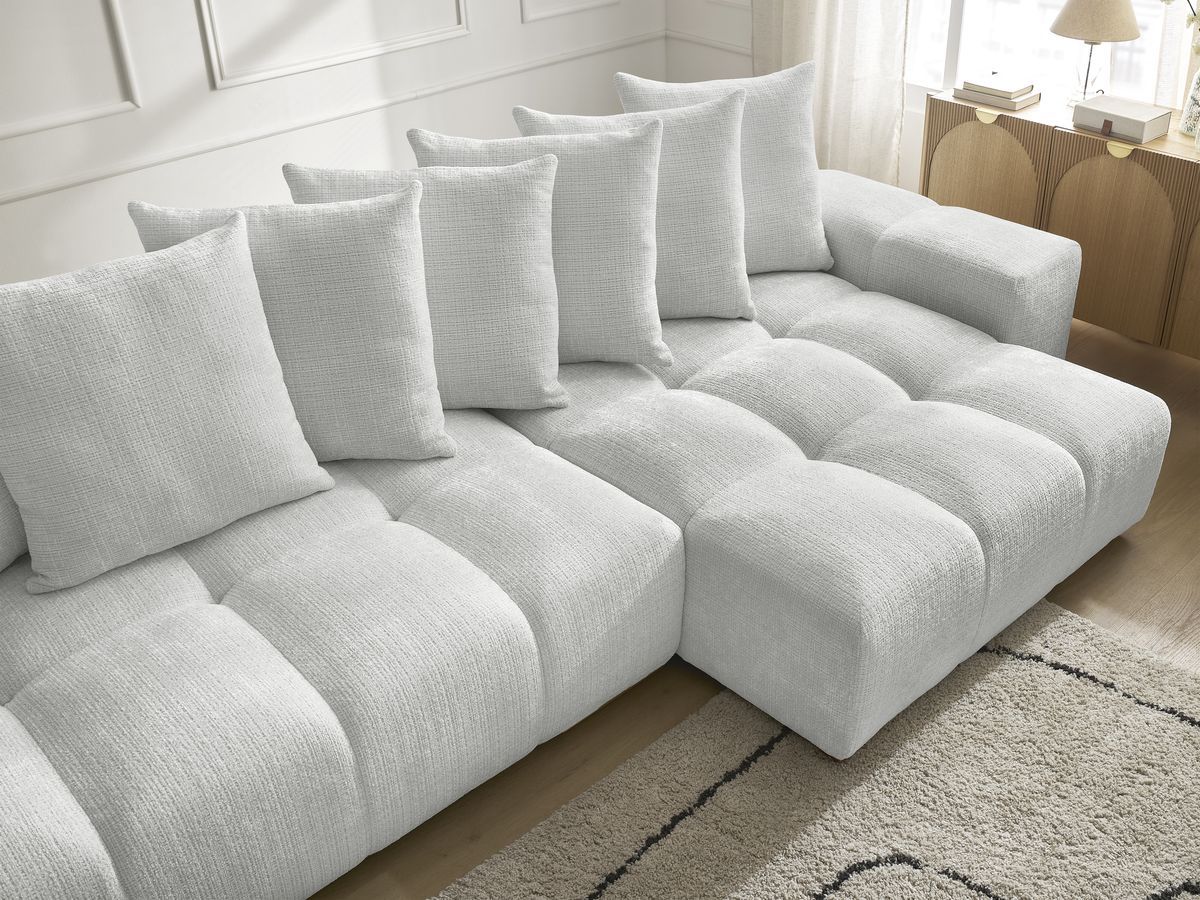 Bobochic Anakin Wohnlandschaft, Liegefläche 137 × 382 cm, 10 Kissen Strukturstoff Hellgrau