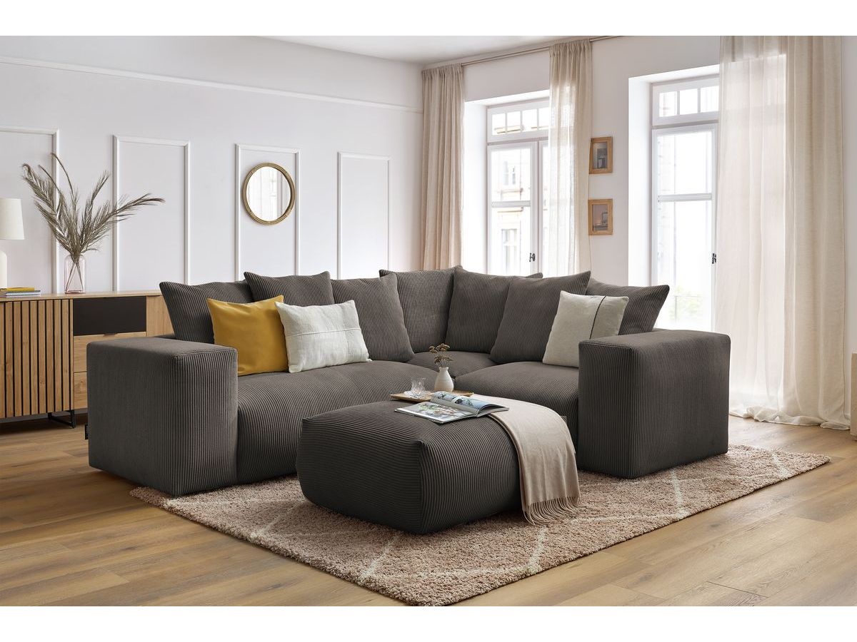 Bobochic Voltaire Ecksofa mit Pouf 268 × 214 cm Cordsamt Taupe Ecke rechts