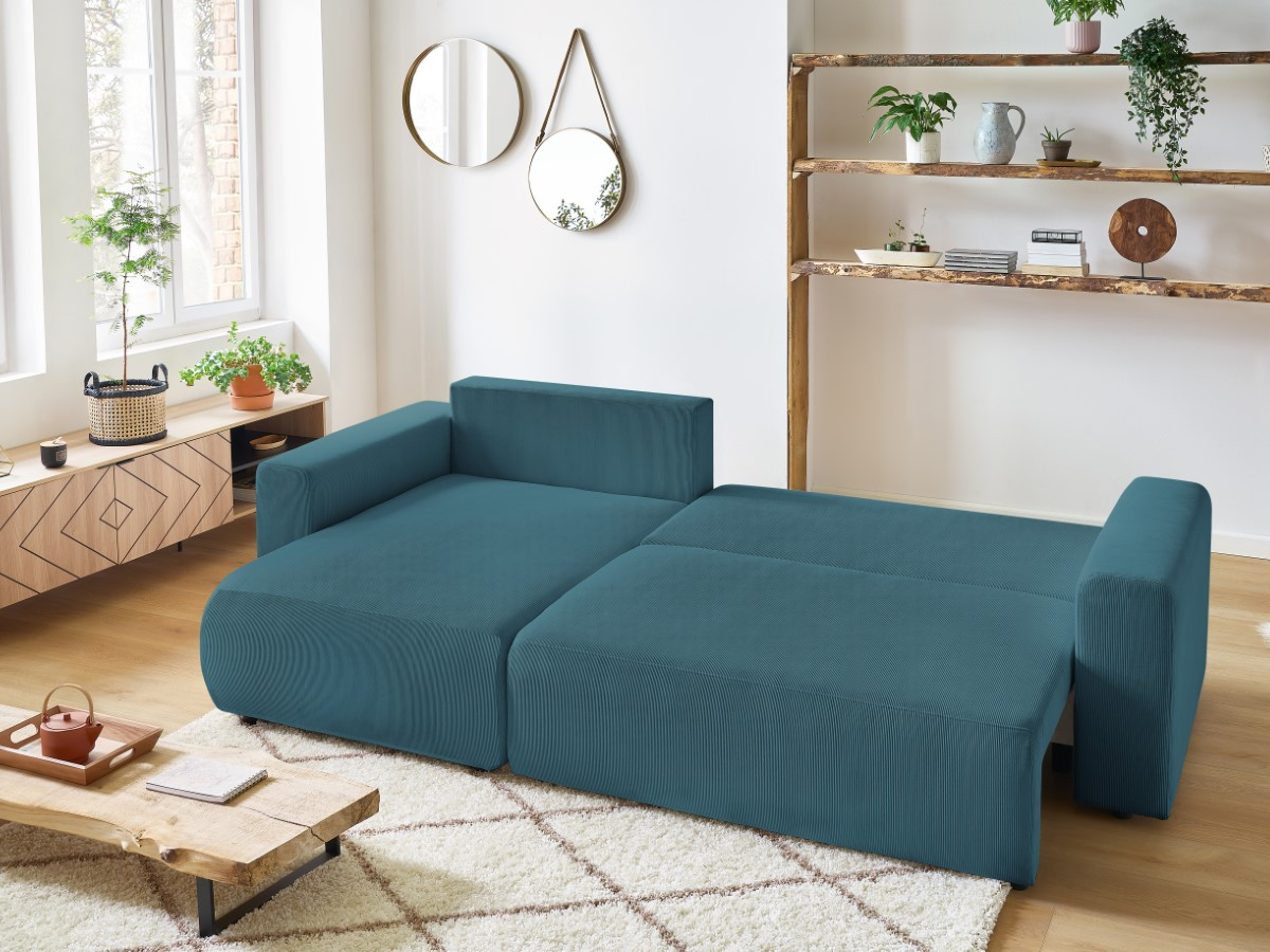 Bobochic Envy Ecksofa mit Schlaffunktion und Bettkasten Cordsamt Dunkelblau