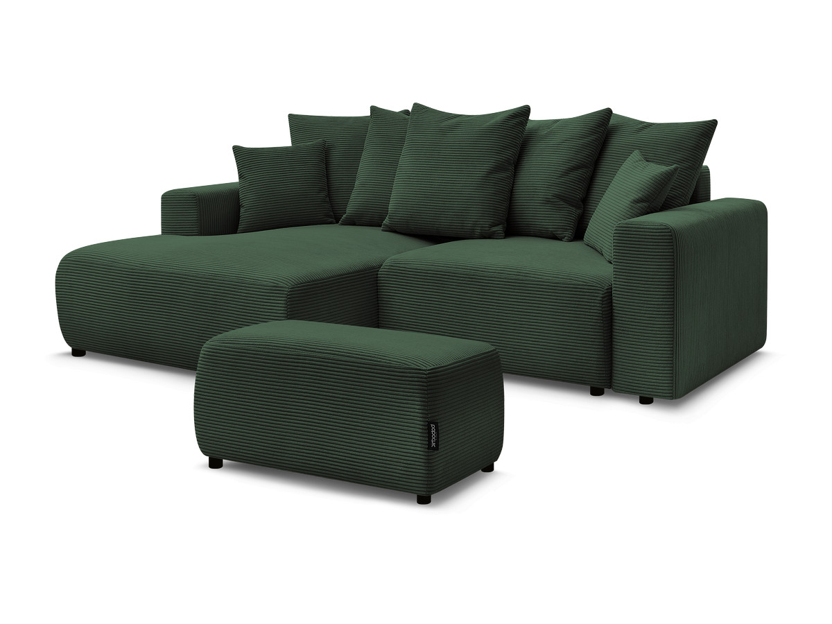 Bobochic Atilla Ecksofa mit Schlaffunktion und Bettkasten und Pouf Cordsamt Dunkelgrün Ecke links