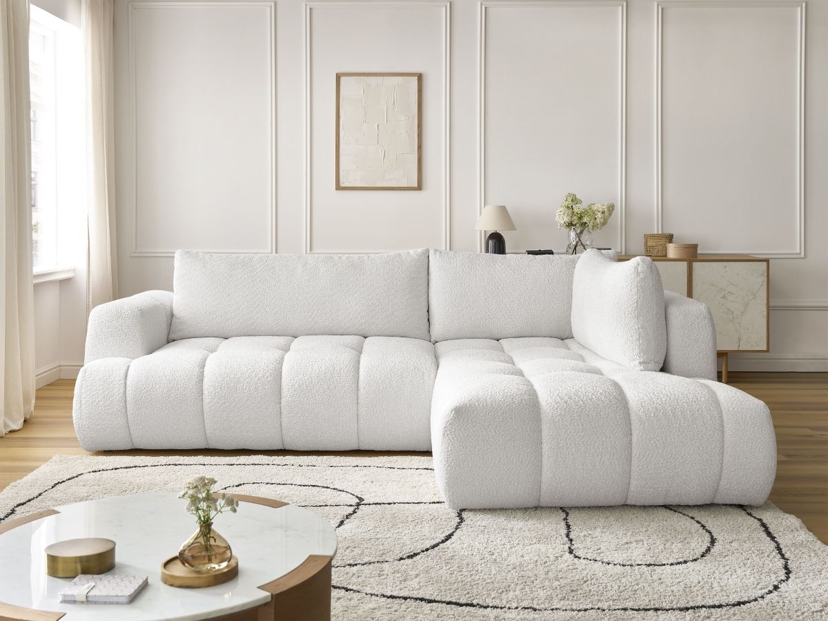 Bobochic Fuji Ecksofa mit Schlaffunktion und Bettkasten 282 × 204 cm Bouclé-Stoff Weiß Ecke rechts