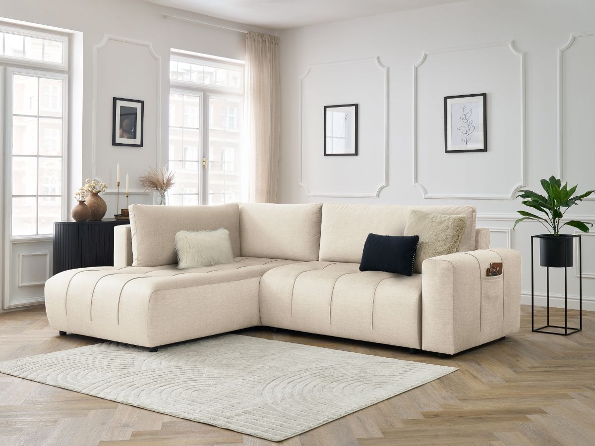 Bobochic Arsene Ecksofa mit Schlaffunktion und Bettkasten 277 × 200 cm Samt Beige Ecke links