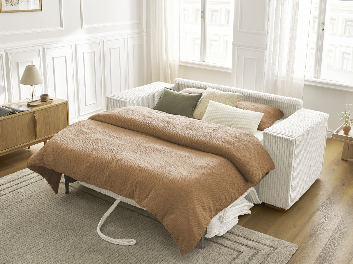 Bobochic Chelsea Schlafsofa 3-Sitzer Cordsamt Beige, Liegefläche 140 × 200 cm