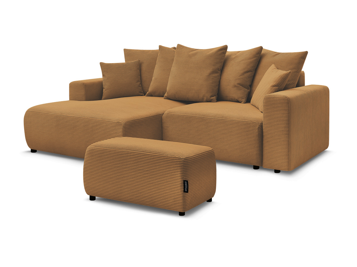 Bobochic Atilla Ecksofa mit Schlaffunktion und Bettkasten und Pouf Cordsamt Gelb Ecke links