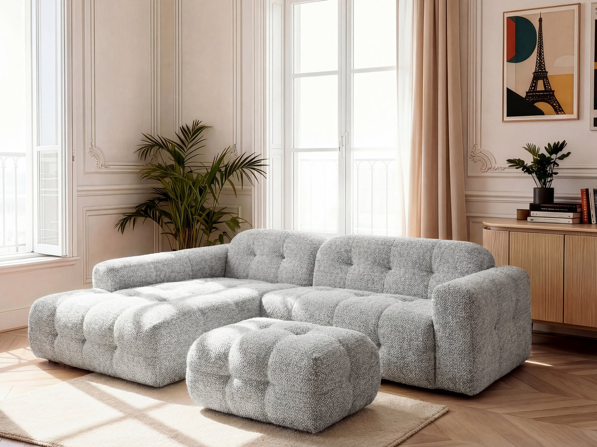 Bobochic Laura Ecksofa mit kleinem Pouf Melange-Stoff Hellgrau Ecke links