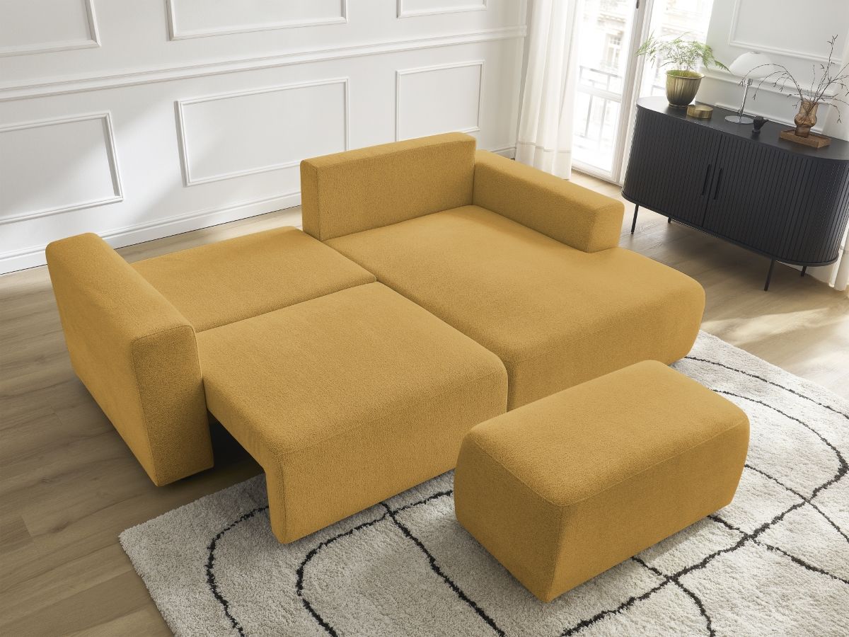 Bobochic Atilla Ecksofa mit Schlaffunktion und Bettkasten und Pouf Melange-Stoff Gelb Ecke rechts