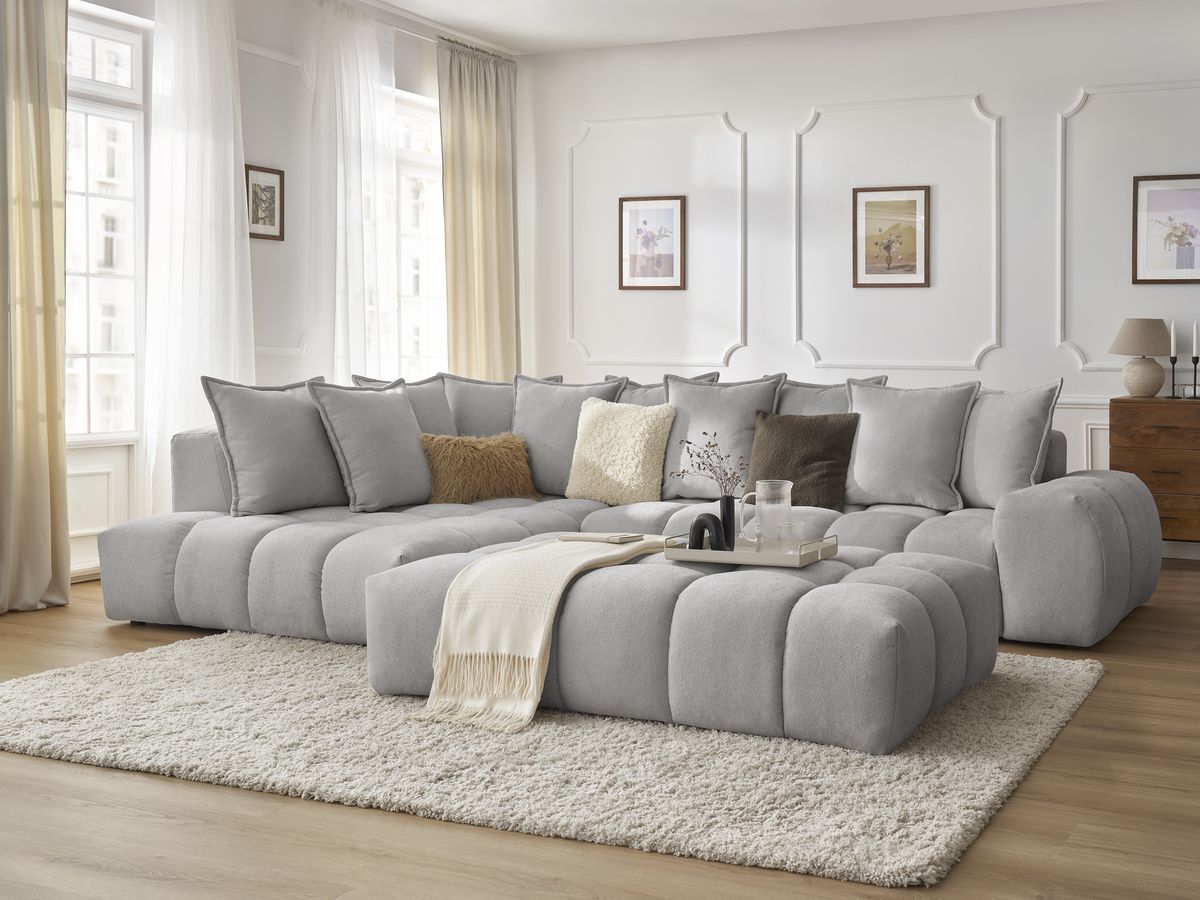 Bobochic Everest Ecksofa mit Schlaffunktion und Pouf, 10 Kissen Strukturstoff Hellgrau Ecke links