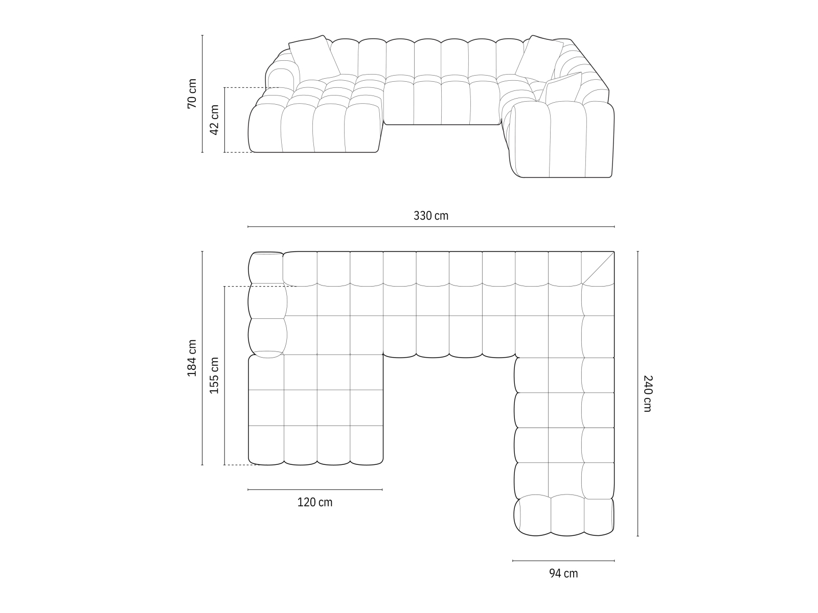 Cosmopolitan Design Panoramasofa Treno 4-Sitzer Samt Bluvel Schwarz Rechts