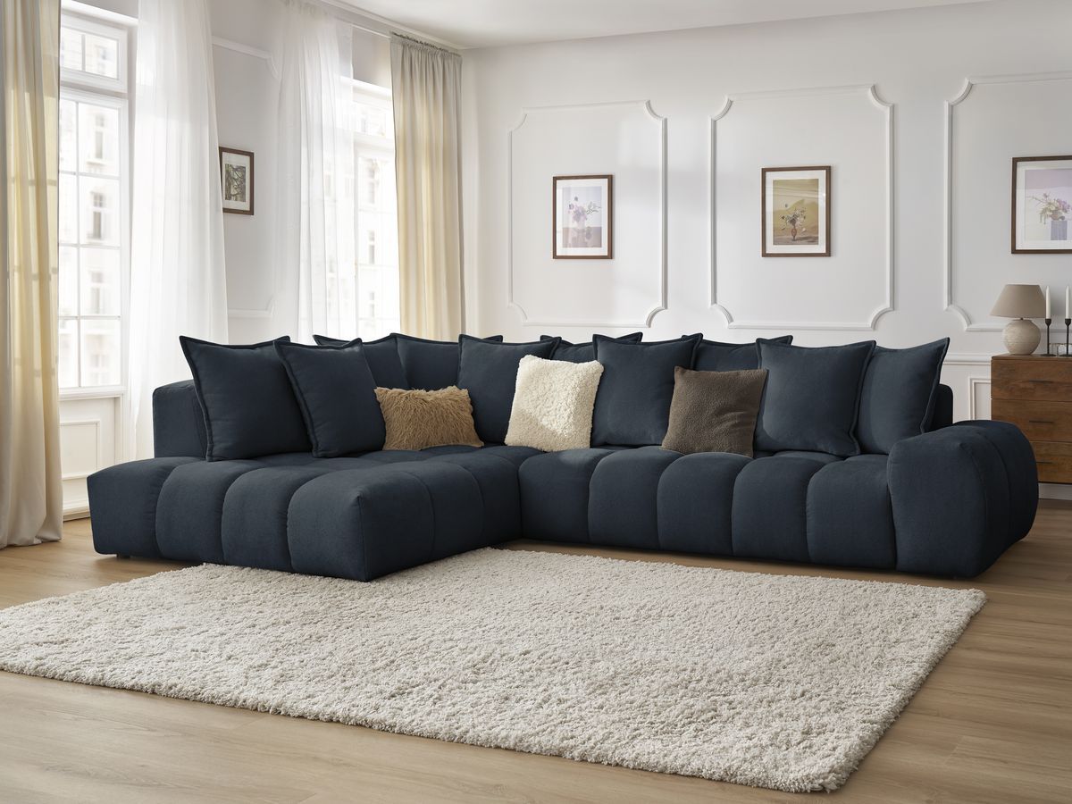 Bobochic Everest Ecksofa, 10 Kissen Strukturstoff Dunkelblau Ecke links