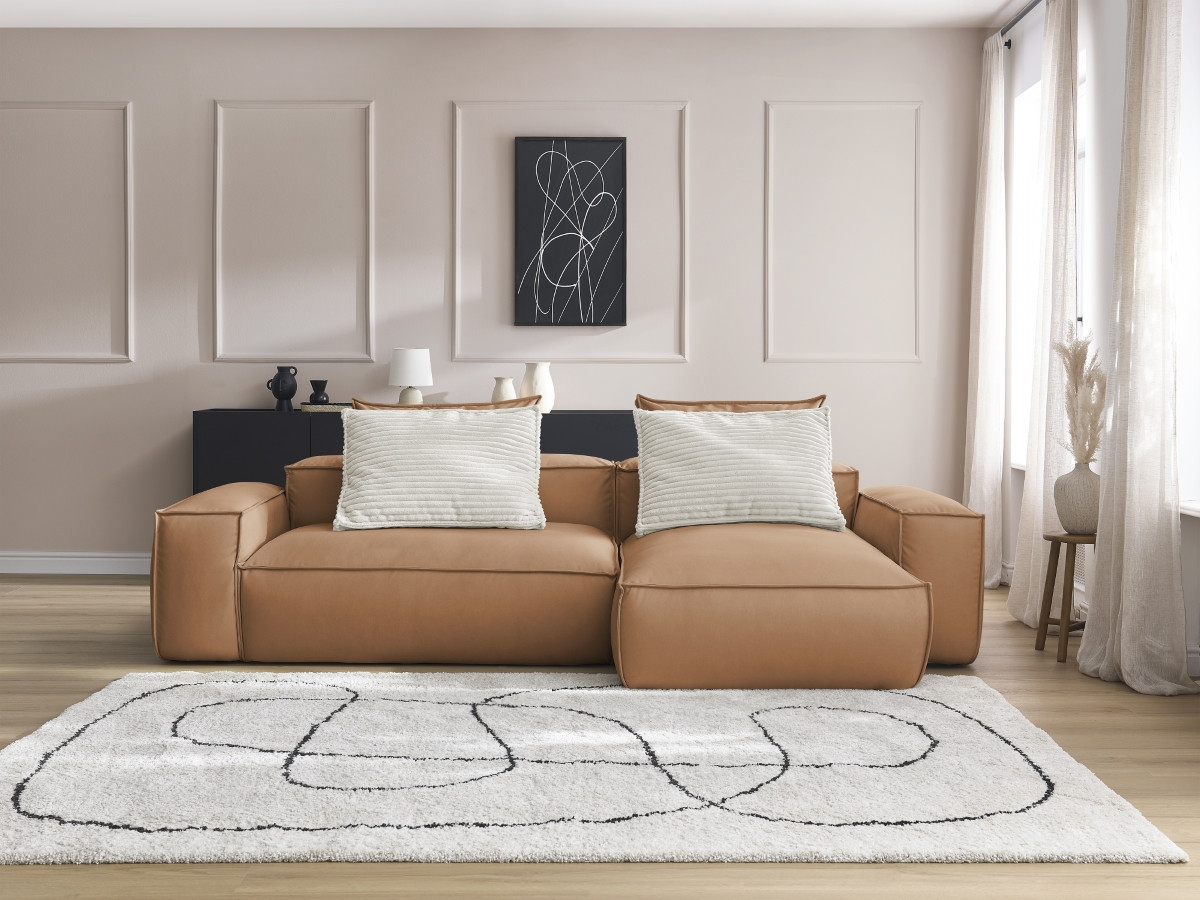Bobochic Boheme Ecksofa, 3 Kissen Kunstleder Hellbraun