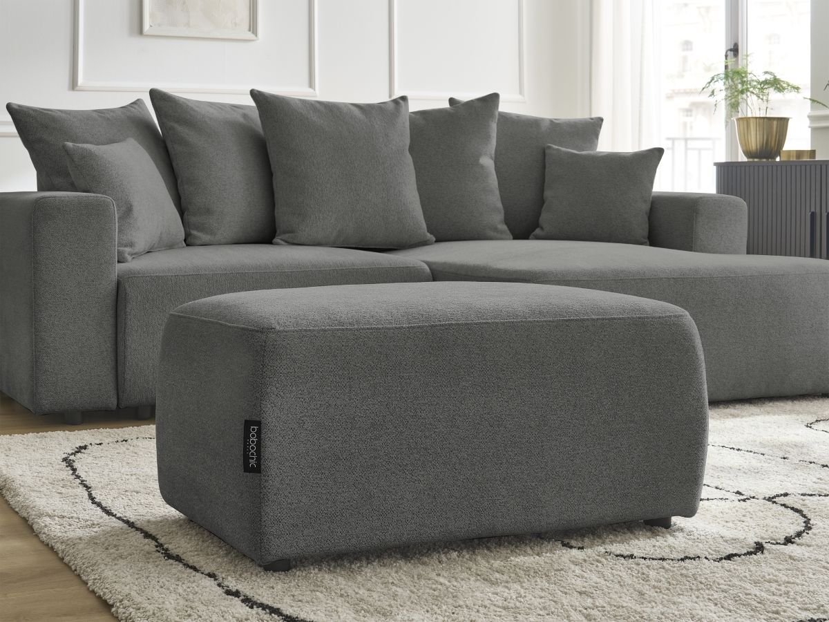 Bobochic Atilla Ecksofa mit Schlaffunktion und Bettkasten und Pouf Melange-Stoff Dunkelgrau Ecke rechts