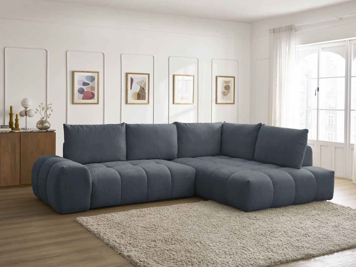 Bobochic Everest Ecksofa mit Schlaffunktion und Bettkasten 320 × 212 cm, 5 Kissen Strukturstoff Dunkelblau Ecke rechts