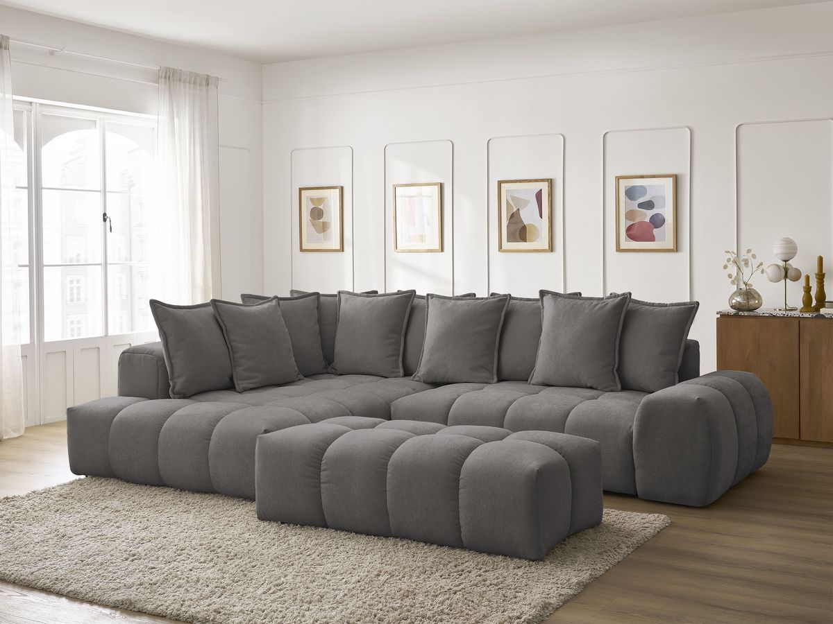 Bobochic Everest Ecksofa mit Schlaffunktion und Bettkasten und Pouf 320 × 212 cm, 10 Kissen Strukturstoff Dunkelgrau Ecke links