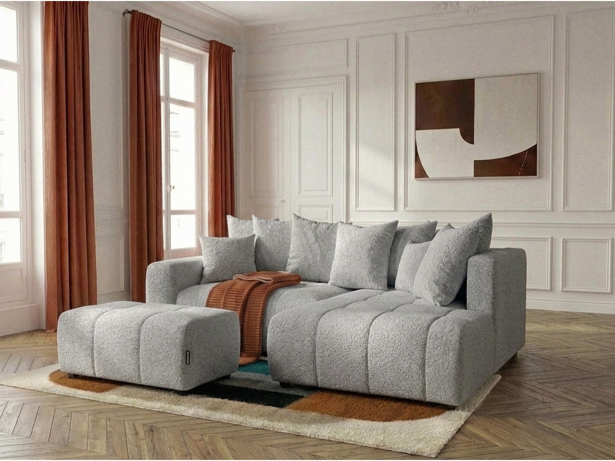 Bobochic Roxelane Ecksofa mit Schlaffunktion und Bettkasten und Pouf Bouclé-Stoff Hellgrau Ecke rechts
