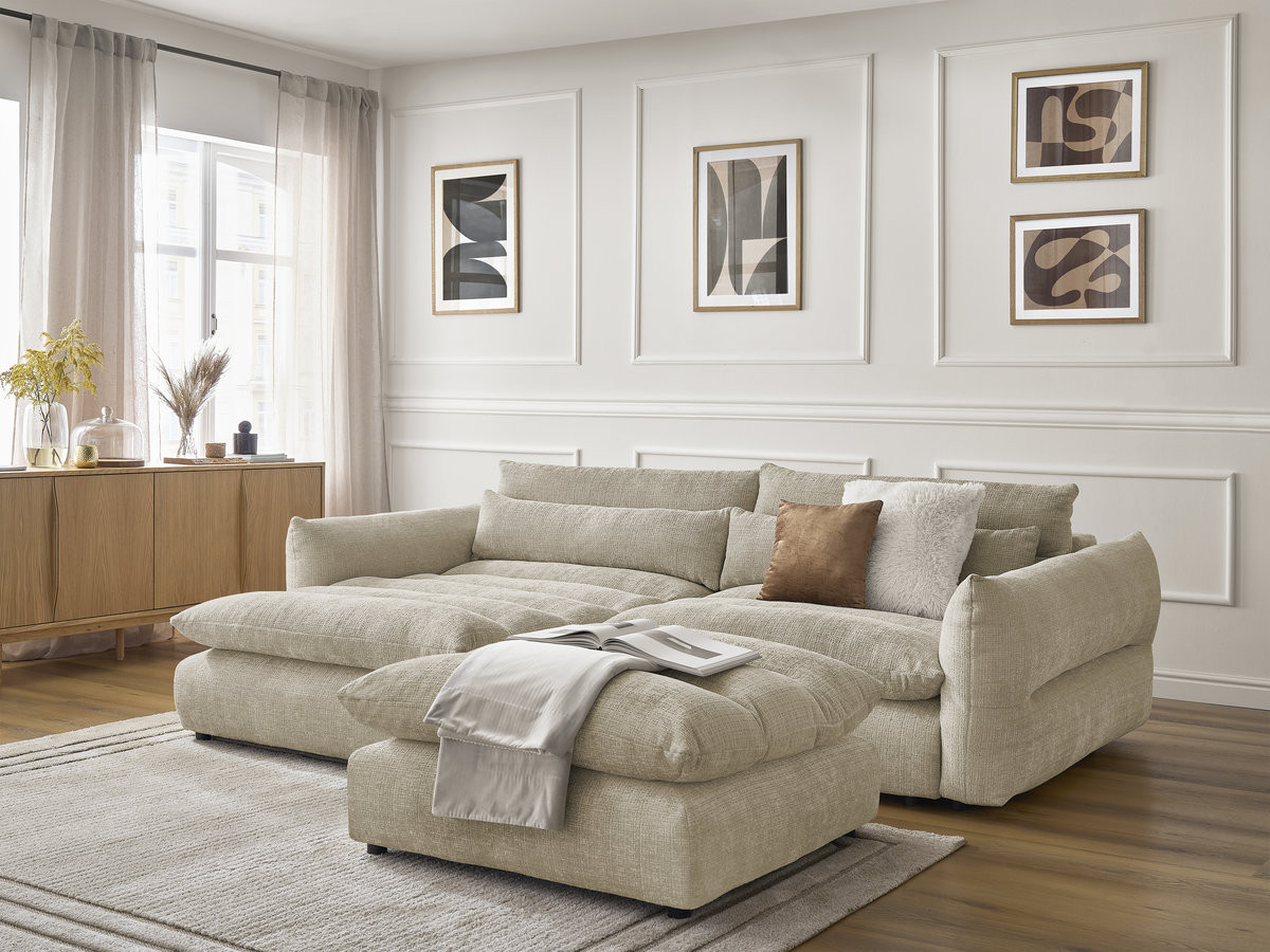 Bobochic Neil Ecksofa mit Pouf Strukturstoff Beige Ecke links