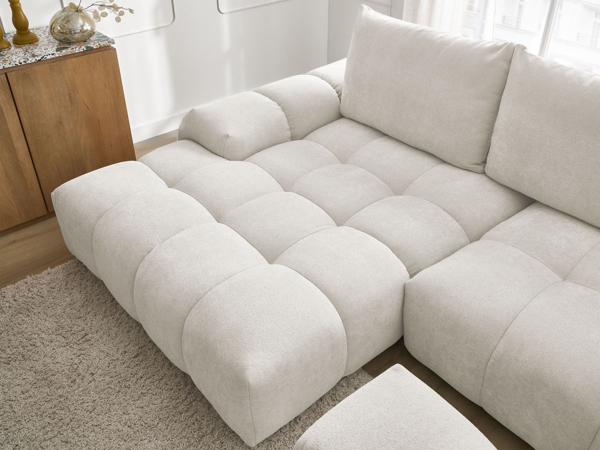 Bobochic Everest Ecksofa mit Schlaffunktion und Bettkasten und Pouf 318 × 180 cm, 3 Kissen Strukturstoff Weiß Ecke links