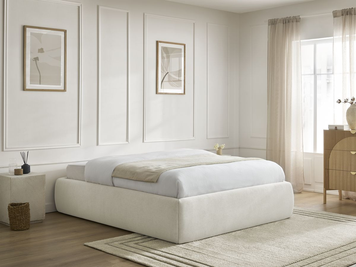 Bobochic Inera Bettgestell mit Bettkasten, ohne Kopfteil Stoff Beige, Liegefläche 160 × 200 cm