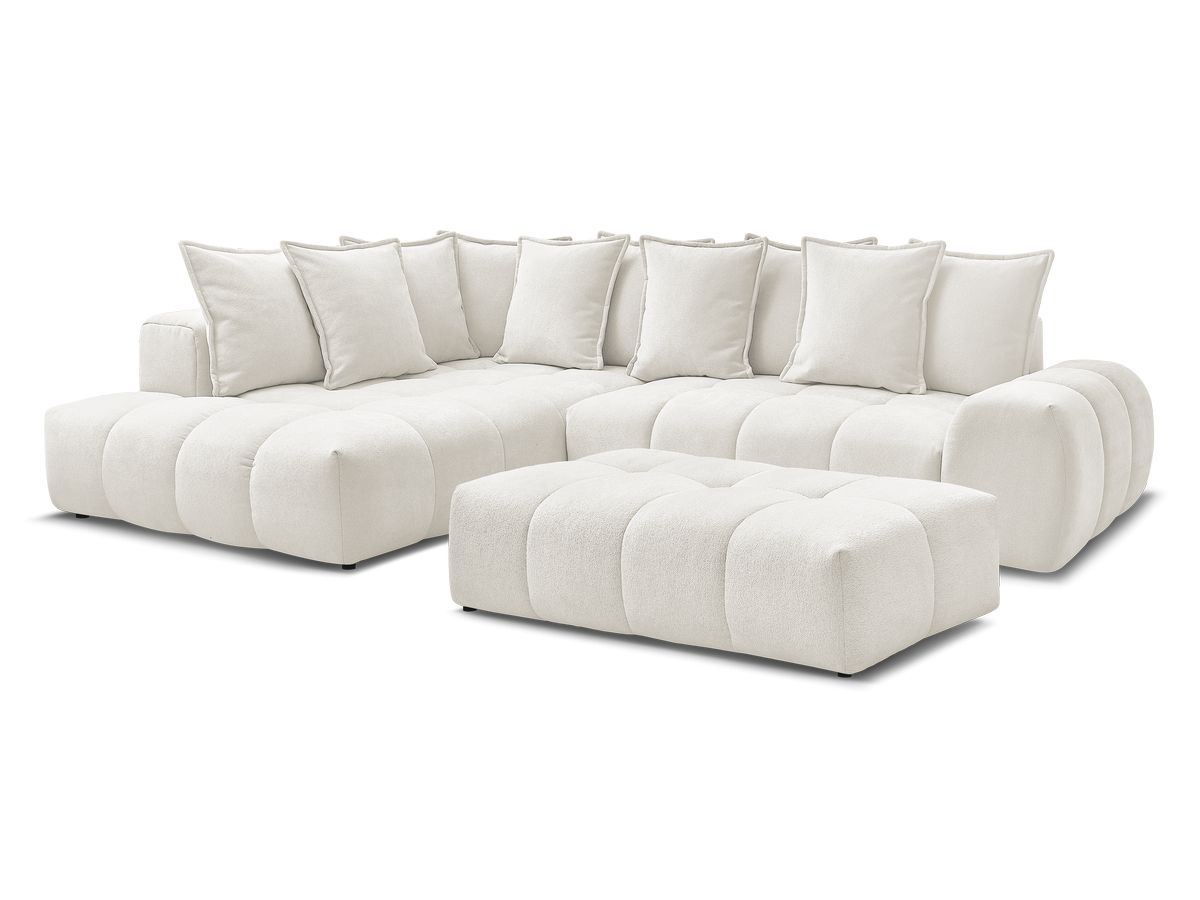 Bobochic Everest Ecksofa mit Schlaffunktion und Bettkasten und Pouf 320 × 212 cm, 10 Kissen Strukturstoff Weiß Ecke links
