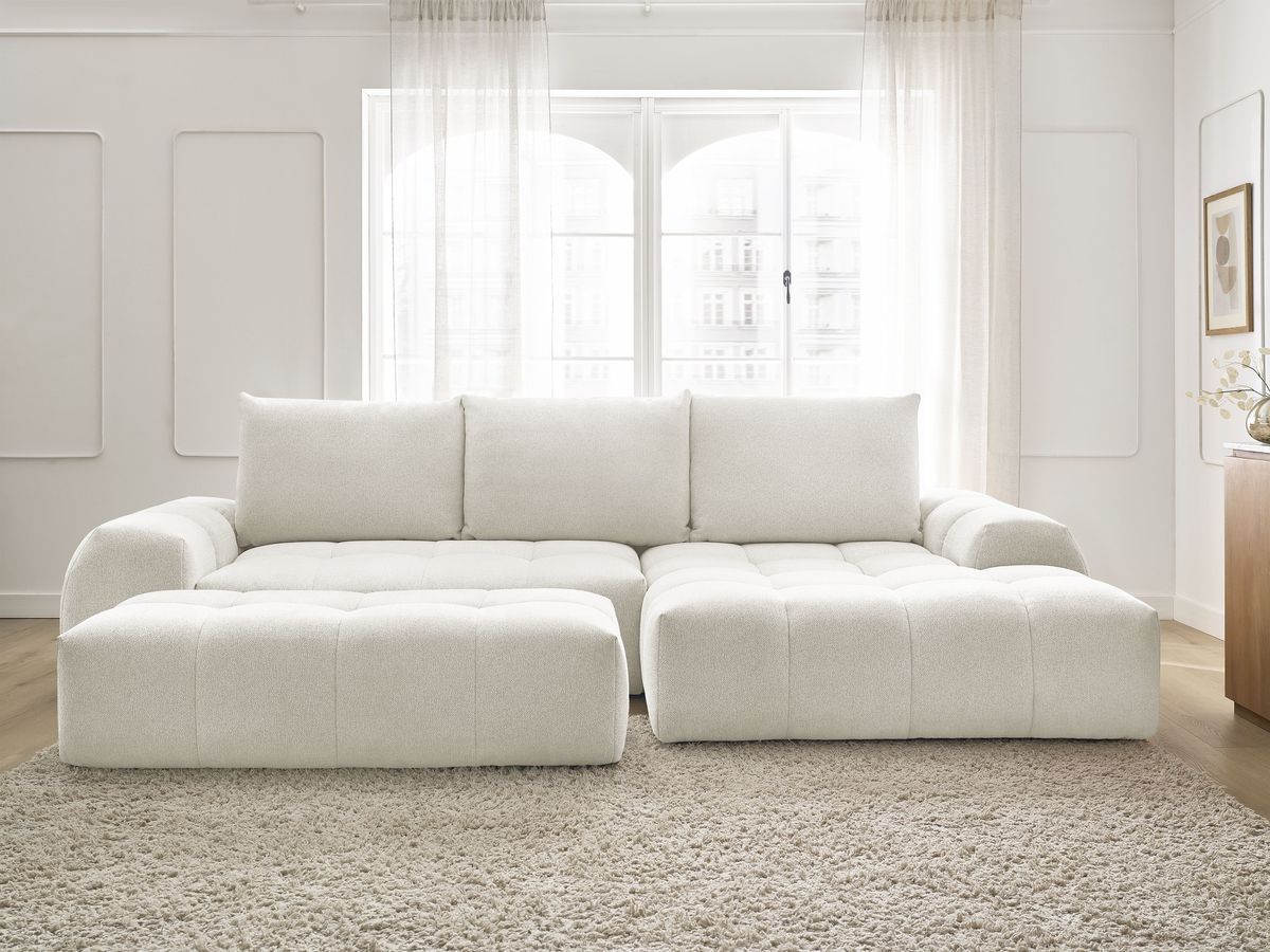 Bobochic Everest Ecksofa mit Schlaffunktion und Bettkasten und Pouf 318 × 180 cm, 3 Kissen Melange-Stoff Weiß Ecke rechts