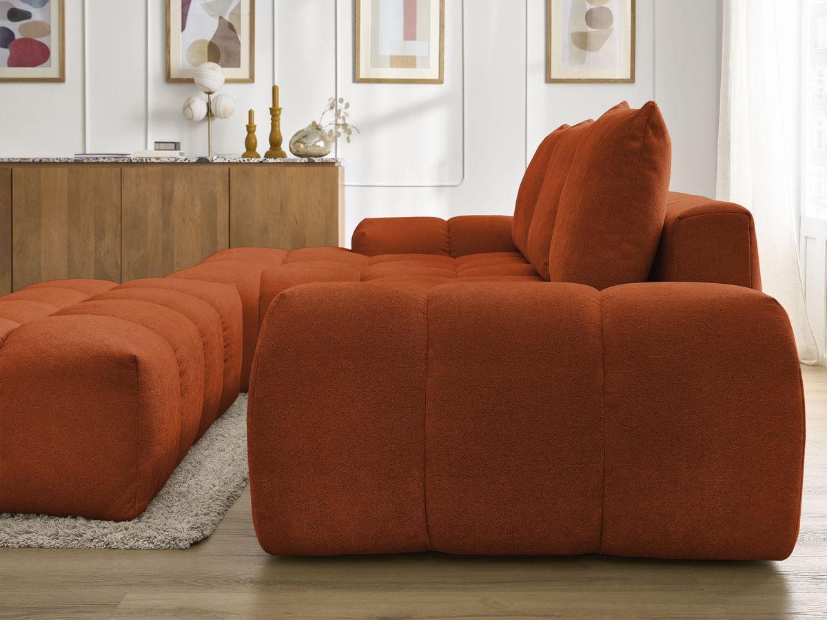 Bobochic Everest Ecksofa mit Schlaffunktion und Bettkasten und Pouf 318 × 180 cm, 3 Kissen Strukturstoff Orange Ecke links