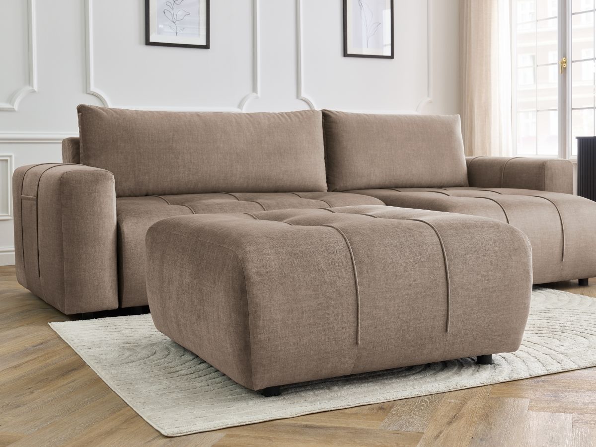 Bobochic Arsene Ecksofa mit Schlaffunktion und Bettkasten und Pouf 288 × 148 cm Samt Taupe