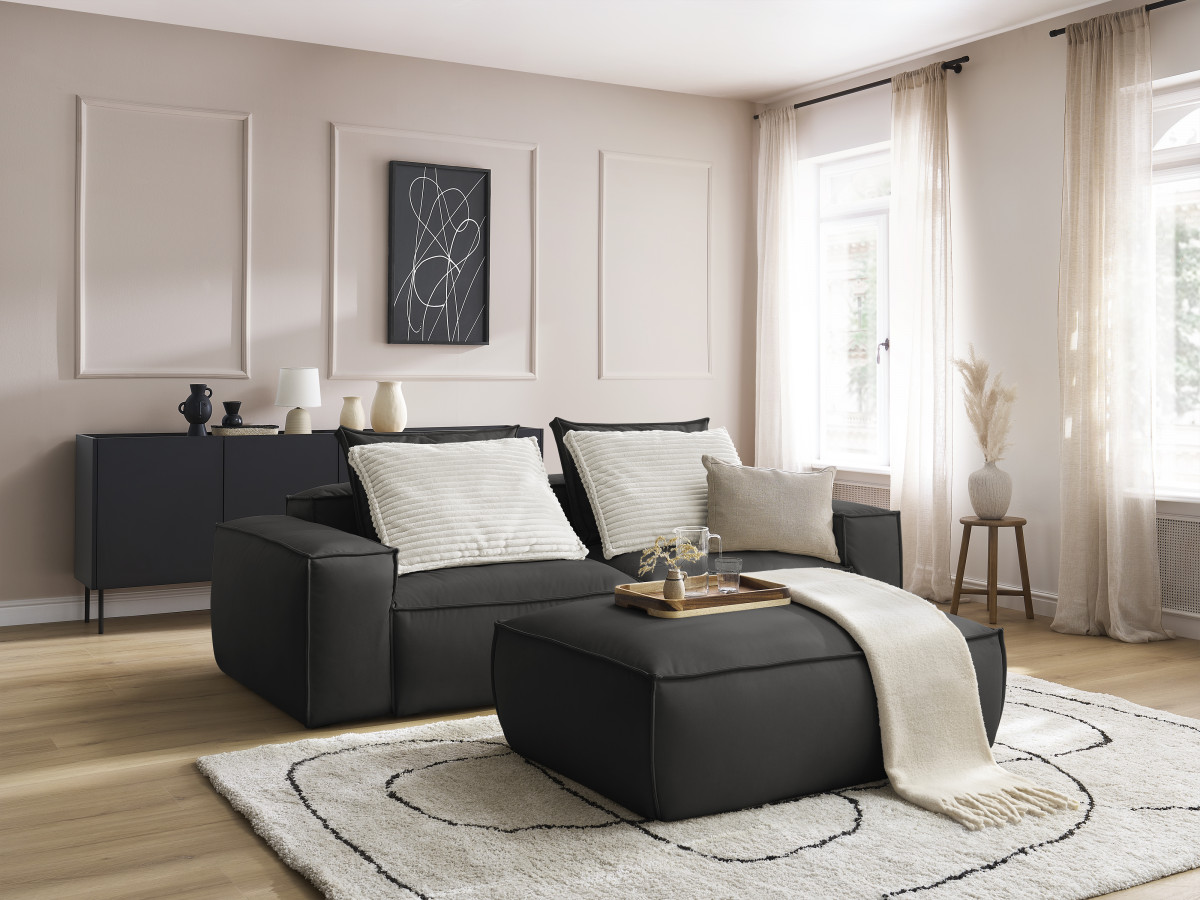 Bobochic Boheme Sofa 3-Sitzer mit Pouf Kunstleder Schwarz