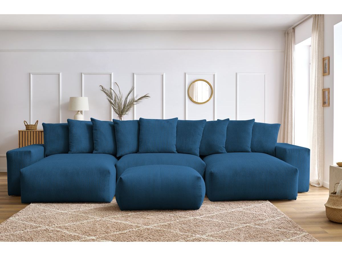 Bobochic Voltaire Wohnlandschaft mit Pouf 420 × 174 cm, Liegefläche 135 × 345 cm Cordsamt Dunkelblau