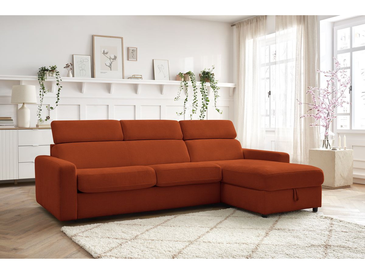 Bobochic Monaco Ecksofa mit Schlaffunktion und Bettkasten Stoff Orange, Liegefläche 160 × 190 cm