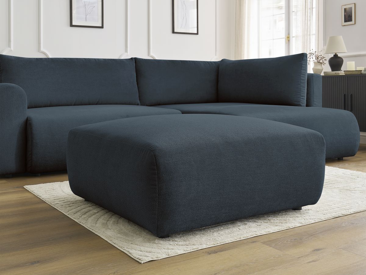 Bobochic Lucien Ecksofa mit Schlaffunktion und Bettkasten und Pouf 296 × 198 cm Stoff Dunkelblau Ecke rechts