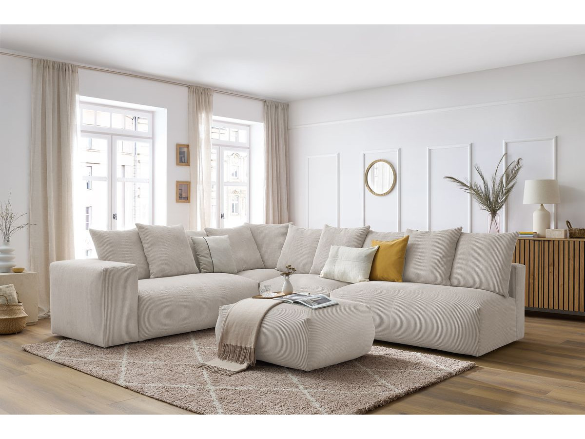 Bobochic Voltaire Ecksofa mit Pouf 322 × 268 cm Cordsamt Beige Ecke links