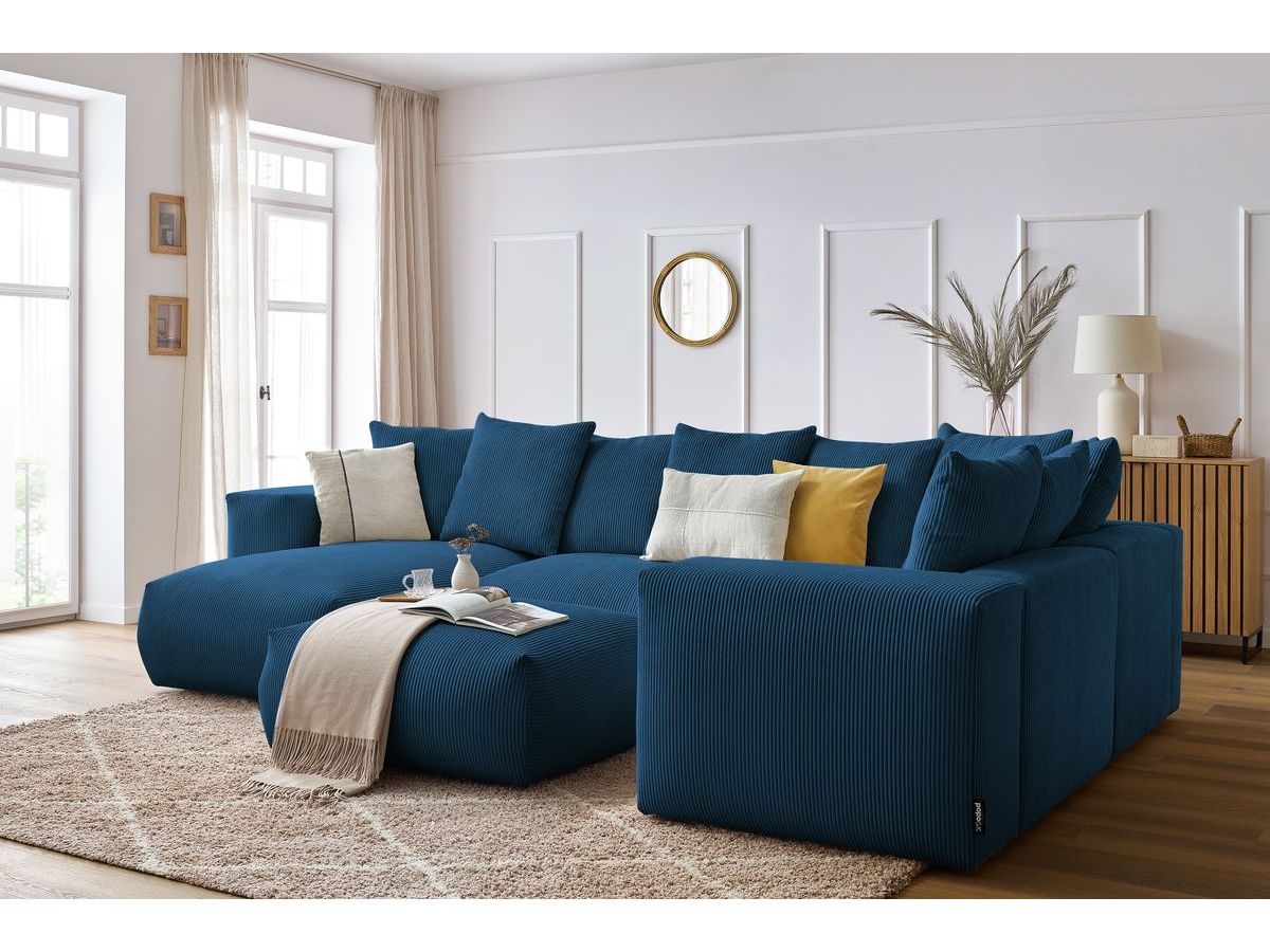 Bobochic Voltaire Wohnlandschaft mit Pouf 356 × 214 cm Cordsamt Dunkelblau Ecke links