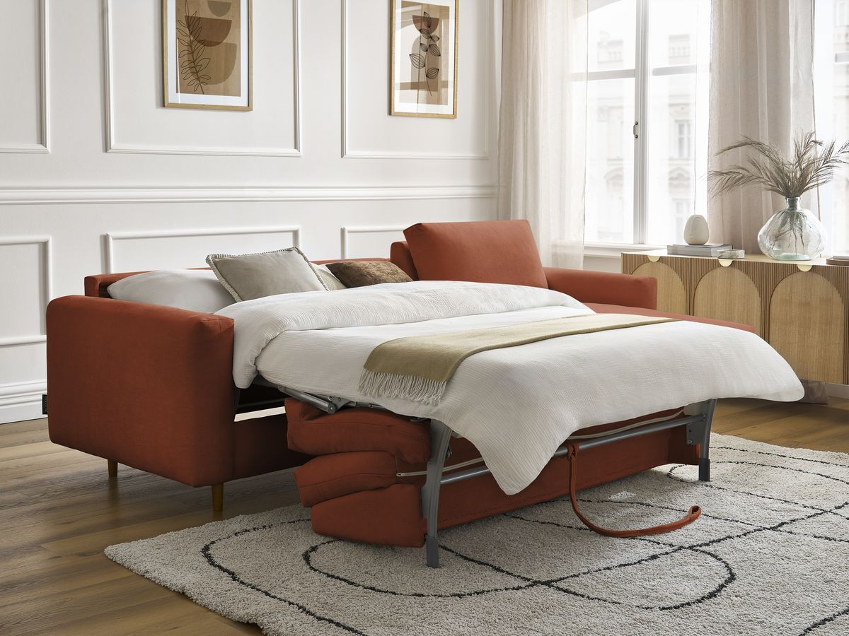 Bobochic Cocoone Ecksofa mit Schlaffunktion und Bettkasten Stoff Orange, Liegefläche 140 × 200 cm