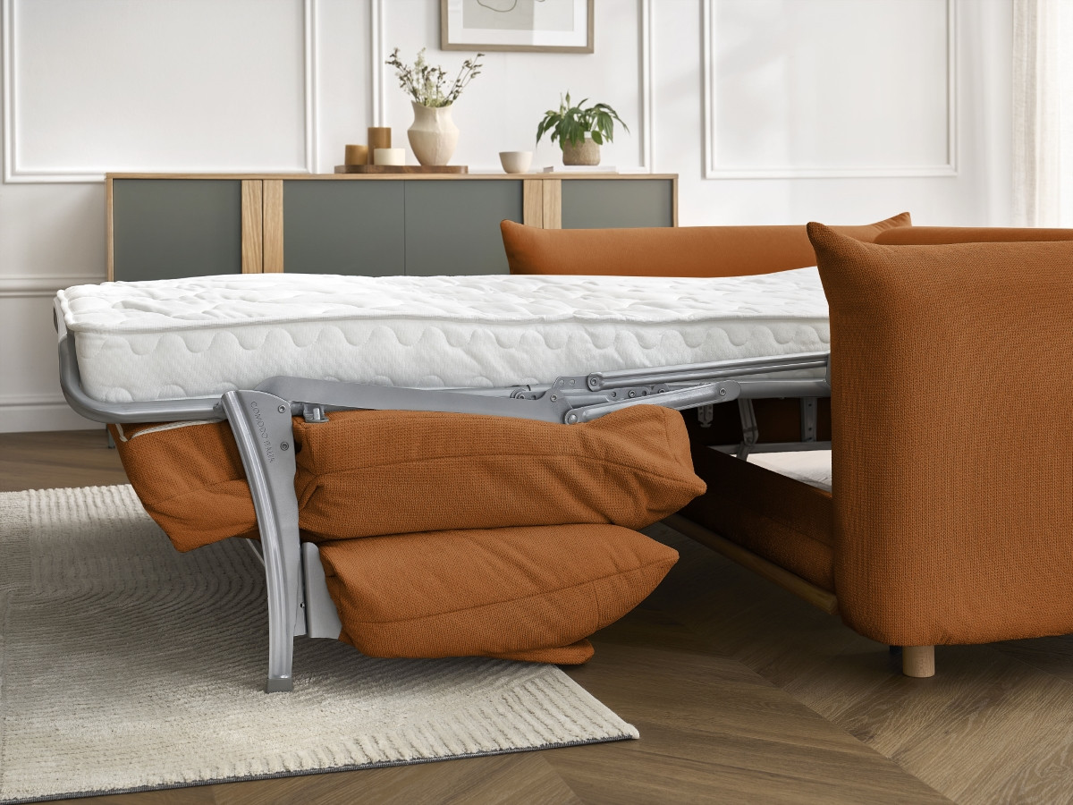 Bobochic Ernest Schlafsofa 3-Sitzer, Liegefläche 190 × 140 / 160 cm Stoff Orange, Liegefläche 140 × 190 cm