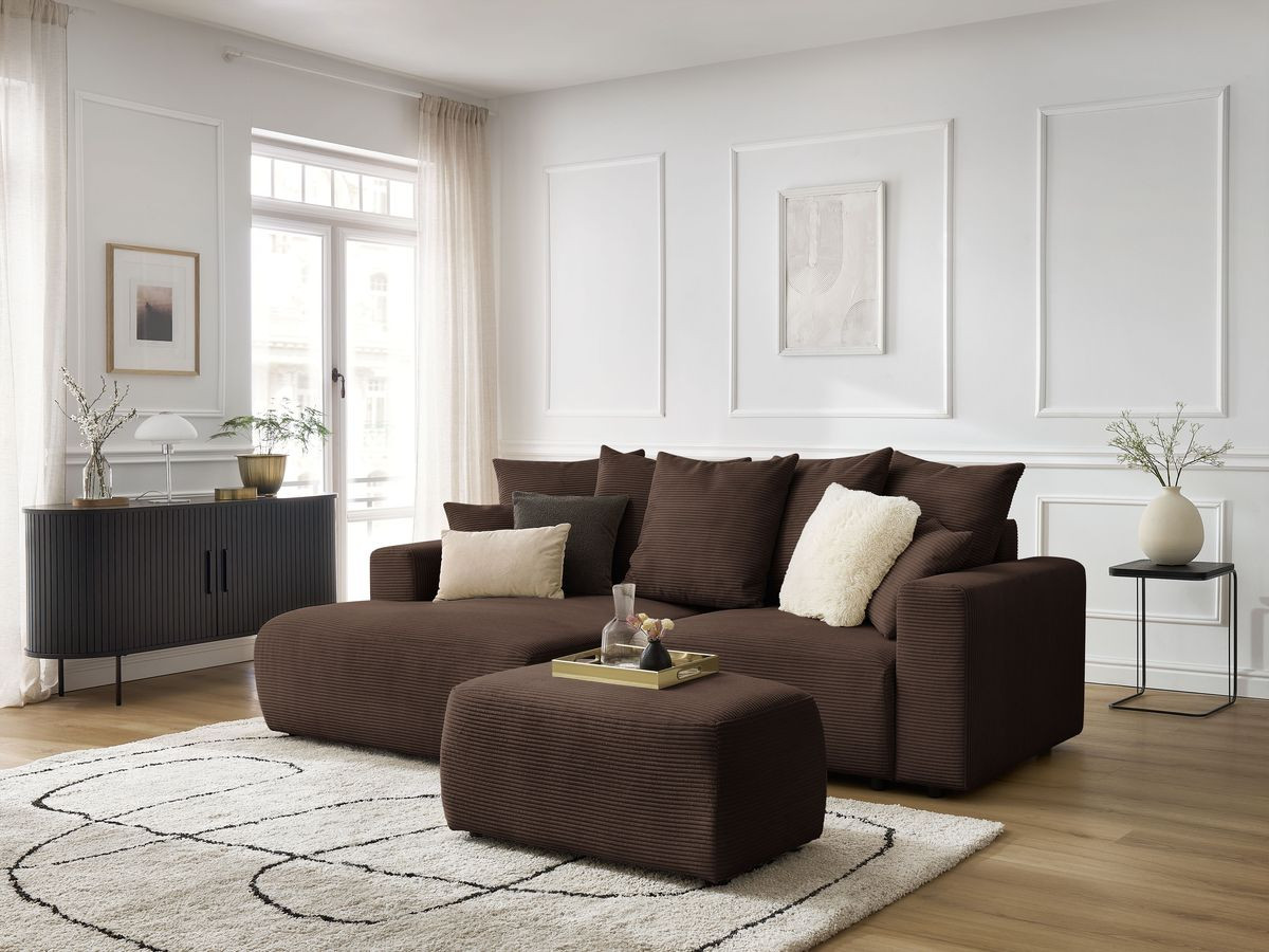 Bobochic Atilla Ecksofa mit Schlaffunktion und Bettkasten und Pouf Cordsamt Braun Ecke links